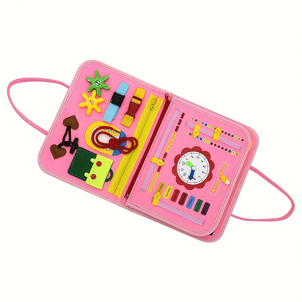 Interactive Felt Busy Board for Kids Educational Toy with Shoe Laces and Accessories Pink Blue