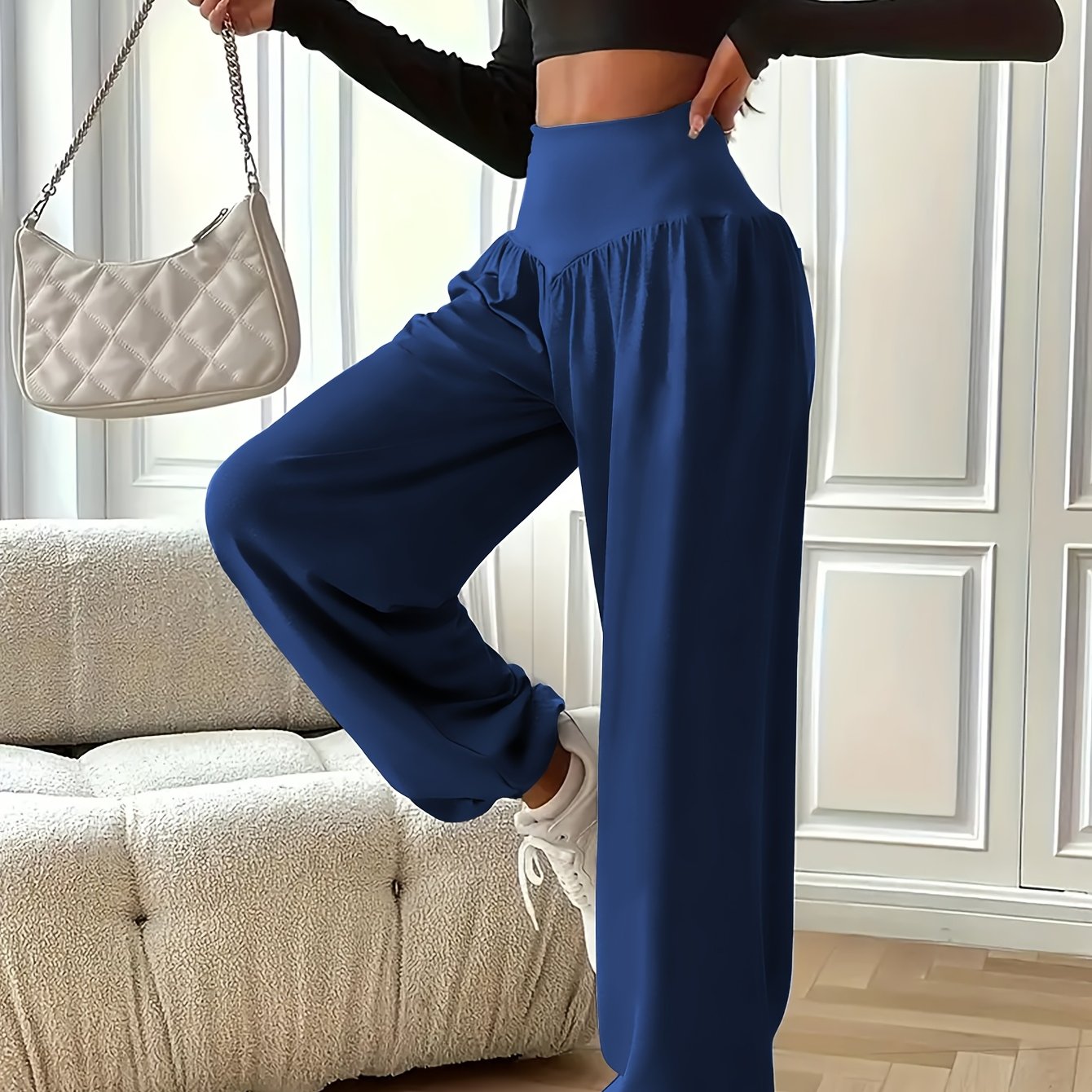 Women's High Waist Polyester Knit Sports Pants Quick-Dry Yoga Joggers for Adults