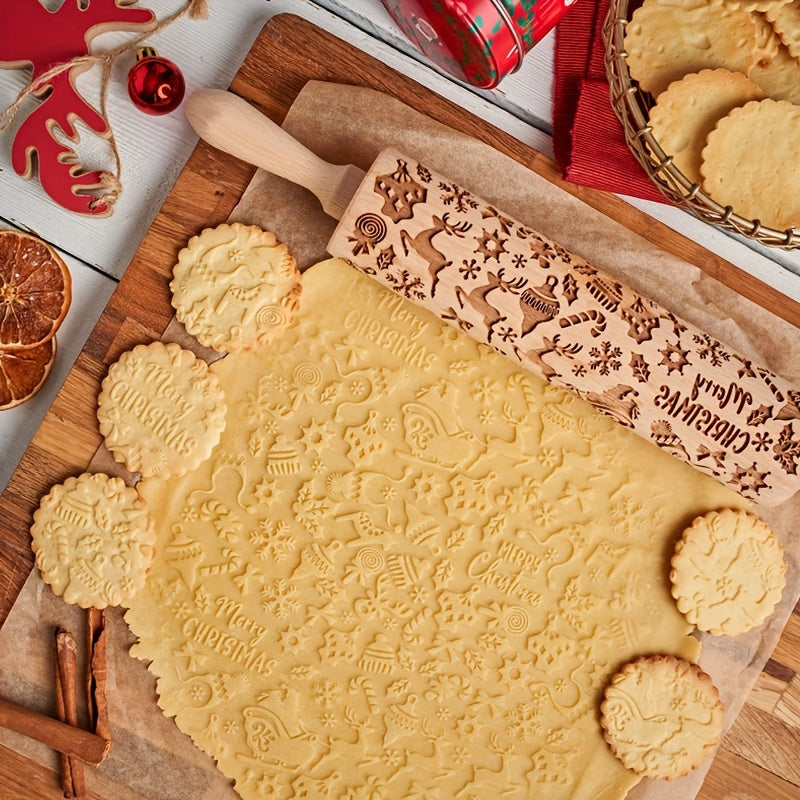 Festive Christmas Elk Print Wooden Rolling Pin Embossed and Laser Carved Kitchen Tool