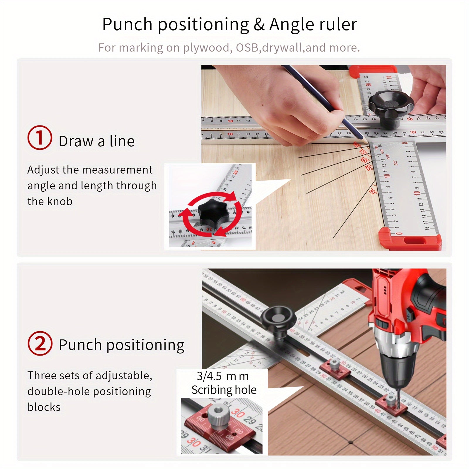 Precision Aluminum Alloy Drilling and Positioning Ruler with Multi-Angle T-Square and Bubble Level