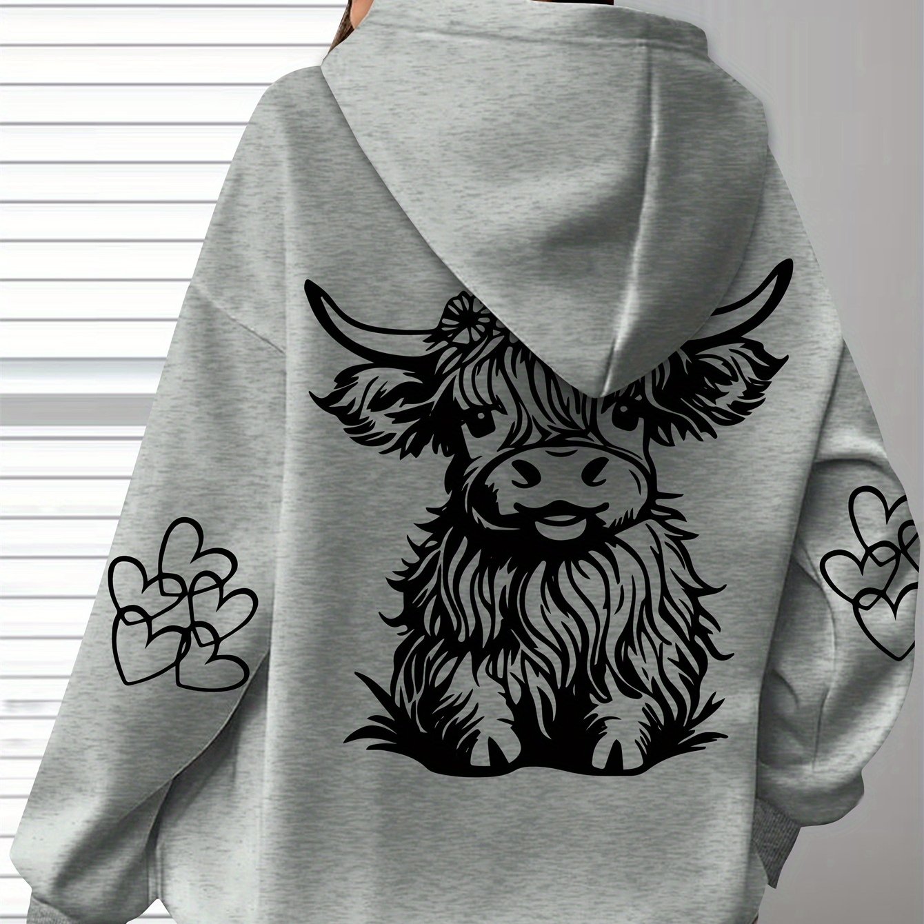 Women's Oversized Cozy Hoodie Brown Highland Cow Print Long Sleeve Pullover Casual