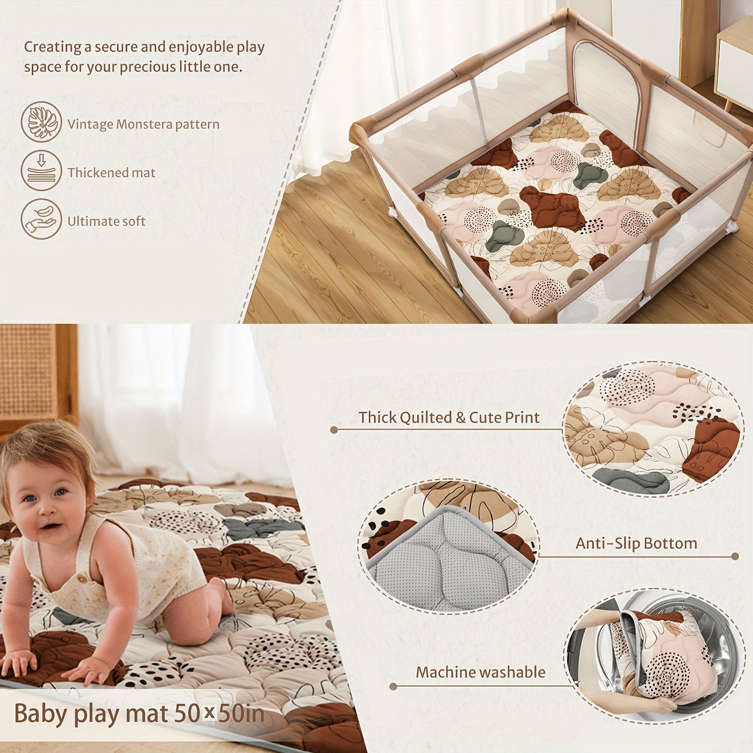 127.0cm X 127.0cm o'lchamdagi egiluvchan qalin ko'pik o'yin matosi - bolalar va kichik bolalar uchun yumshoq, sirpanmaydigan va hidlanmaydigan emish matosi, BOHO dizayni bilan mashinada yuvish mumkin.