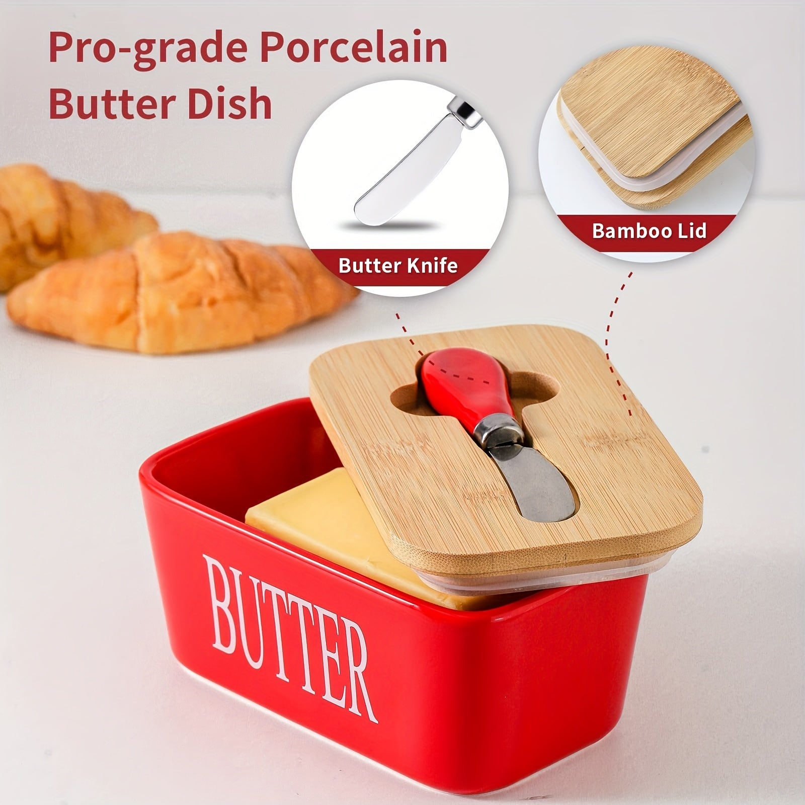 Ceramic Butter Dish Set with Bamboo Lid and Knife, Airtight Countertop Storage