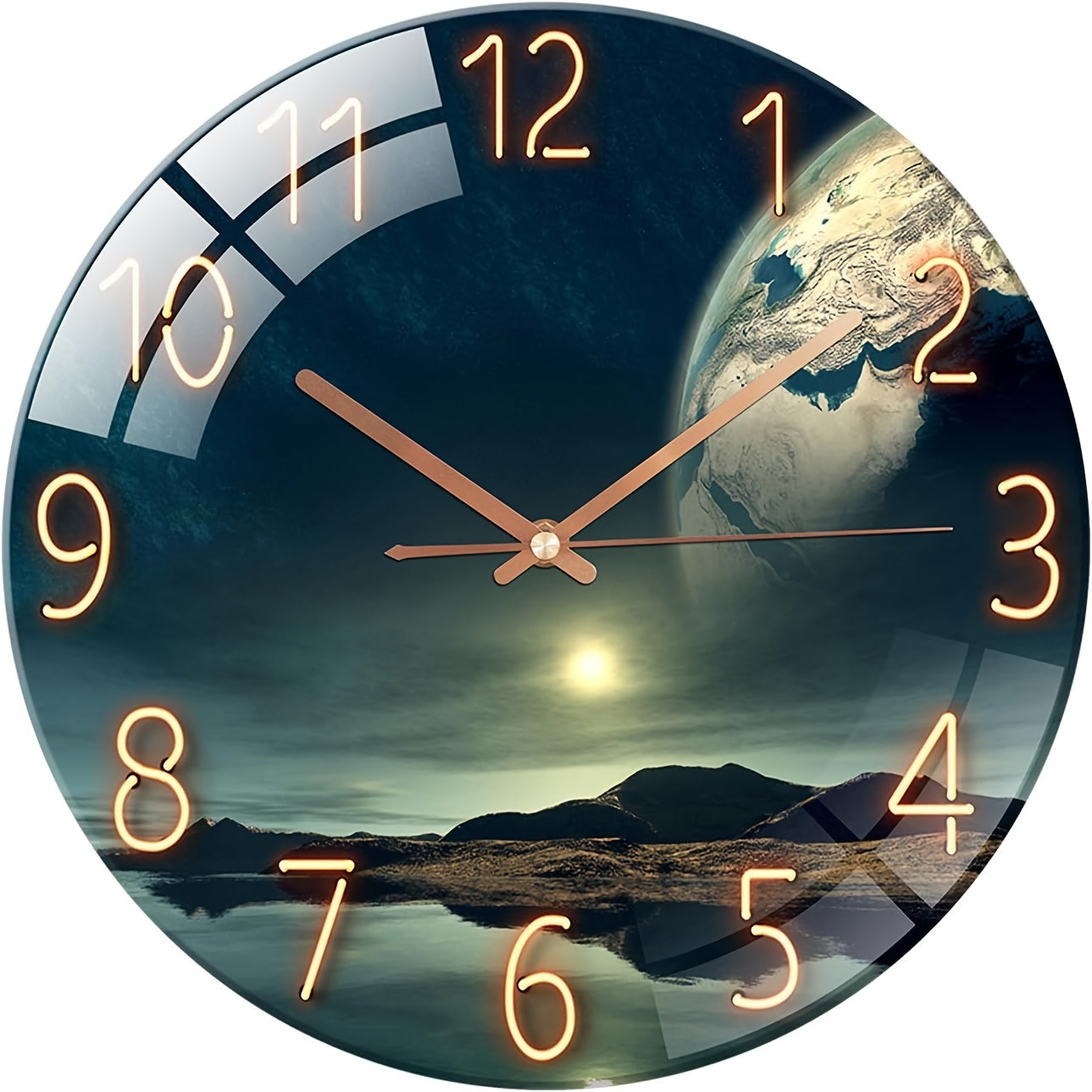 12 Inch Round Glass Wall Clock Earth Landscape Silent Battery Operated Modern Decor