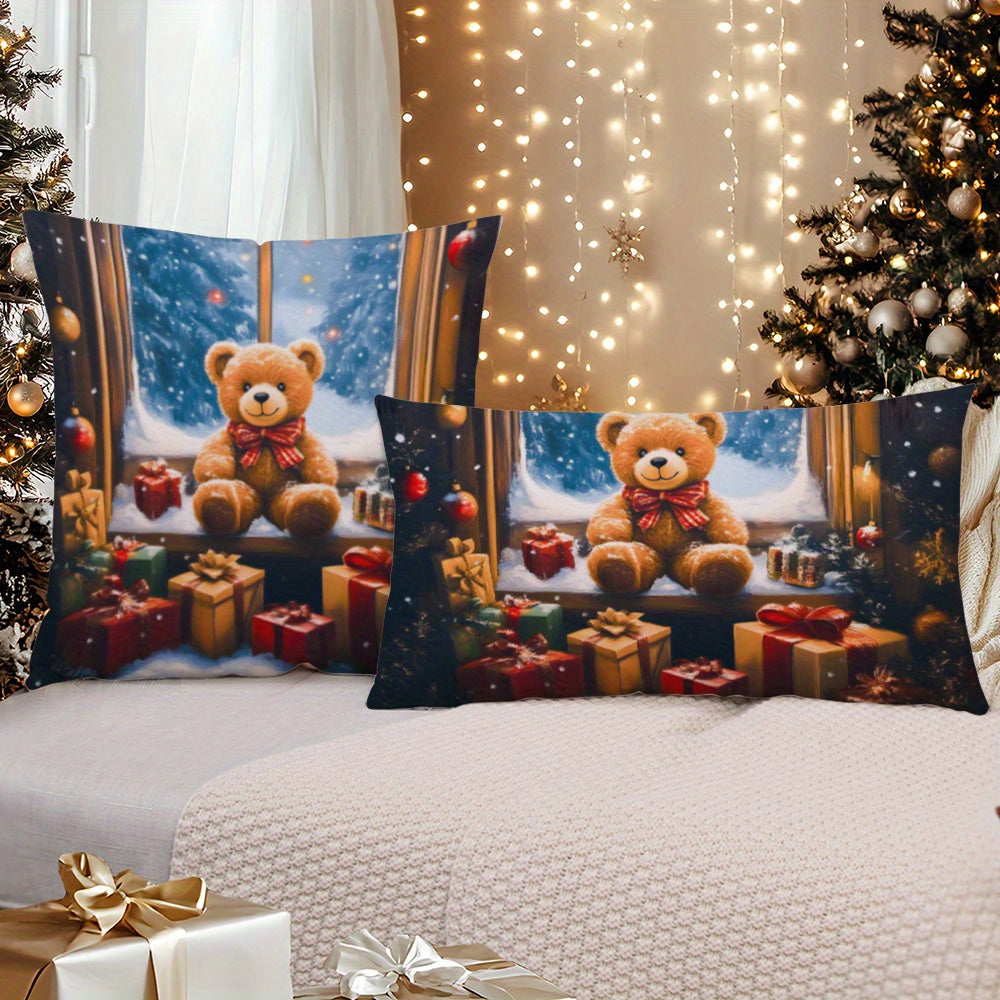 Christmas Teddy Bear Pillow Cover 45.72x45.72 cm Soft Knit Fabric Decorative Cushion Case