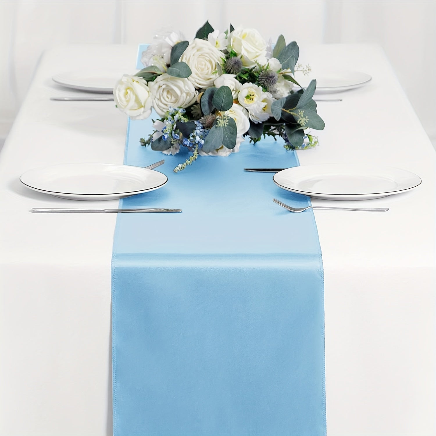 Light Blue Satin Table Runner 30.48 x 274.32 cm for Weddings and Formal Events