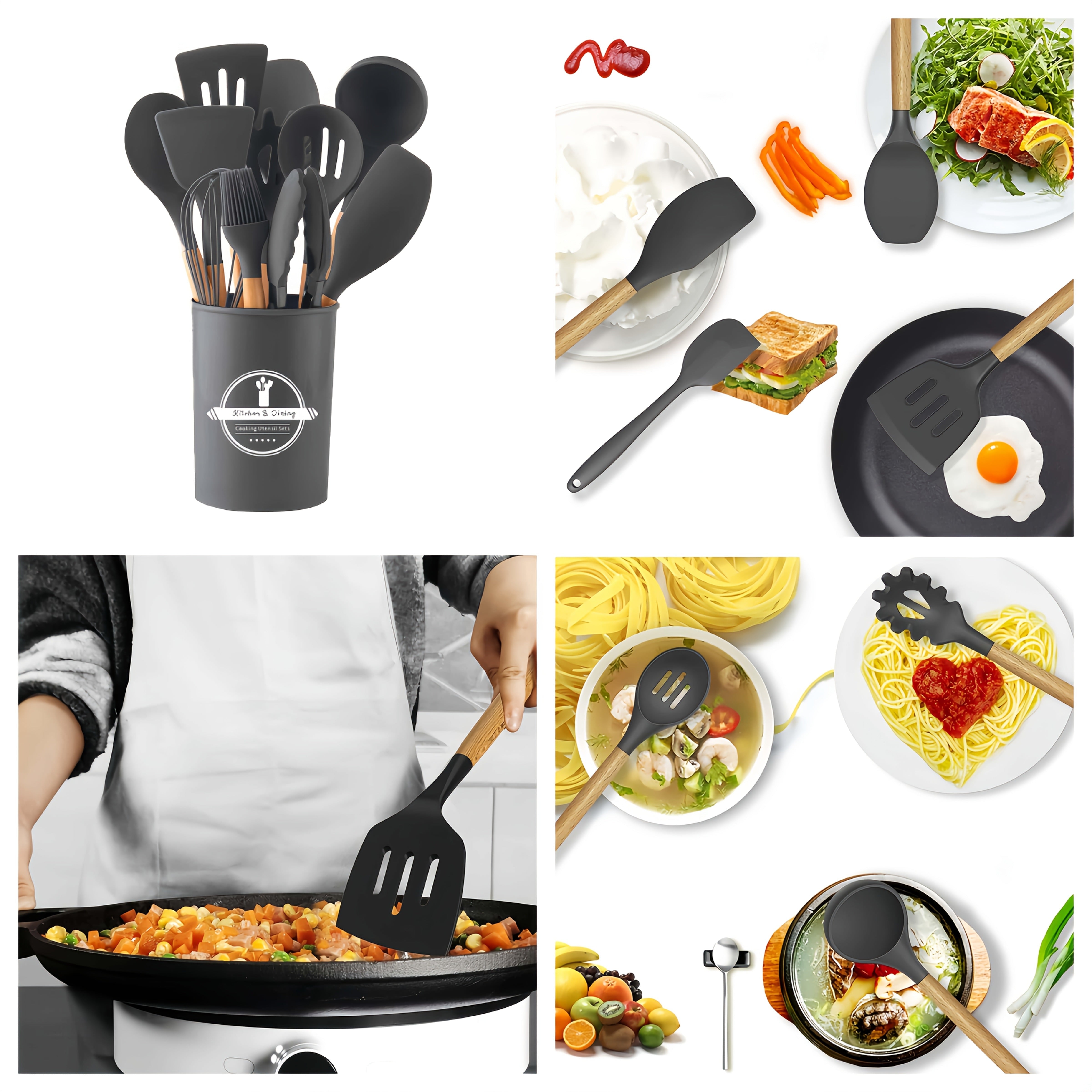 Набор из 12 антипригарных кухонных принадлежностей с подставкой - включает в себя лопатку с деревянной ручкой, щипцы, шпатель и многое другое - идеально подходит для домашних кухонь