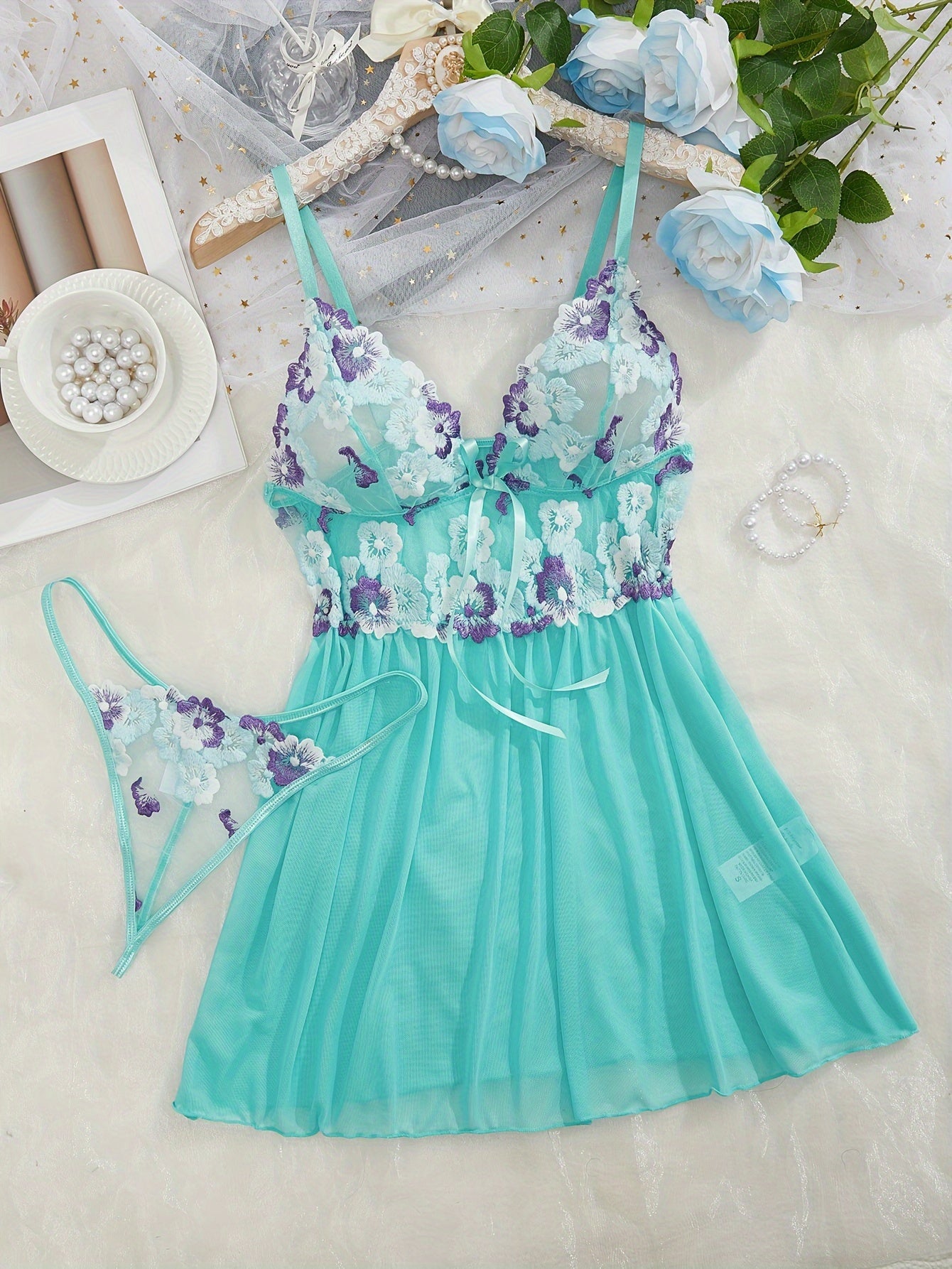 Women's Lingerie Set Embroidered Flower Pattern Babydoll and Slip Dress