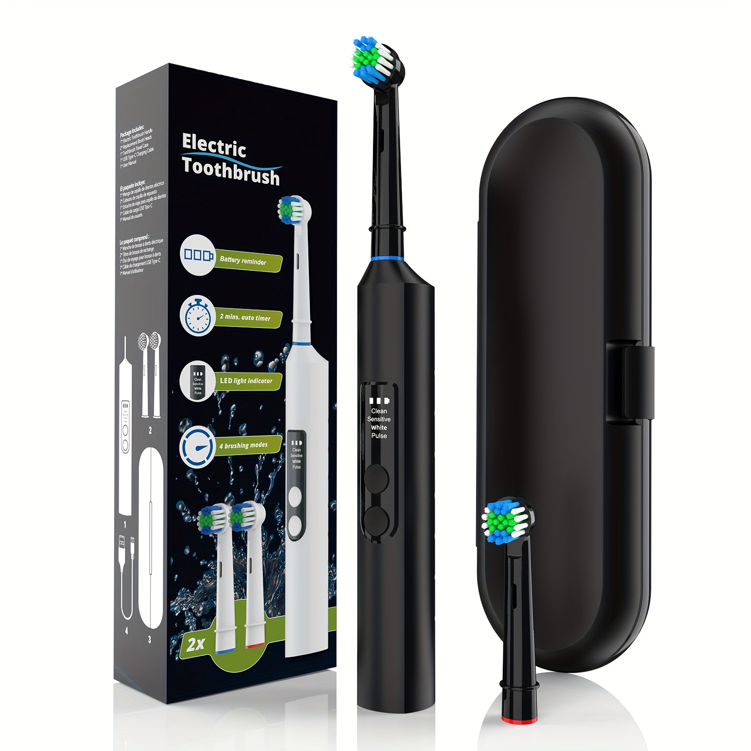 Adult 3D Electric Toothbrush Soft Bristle Rotating Oral Care with 2 Brush Heads