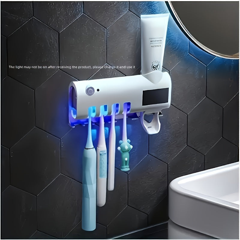 UV Electronic Toothbrush Holder with Toothpaste Dispenser Wall Mount Rechargeable Battery