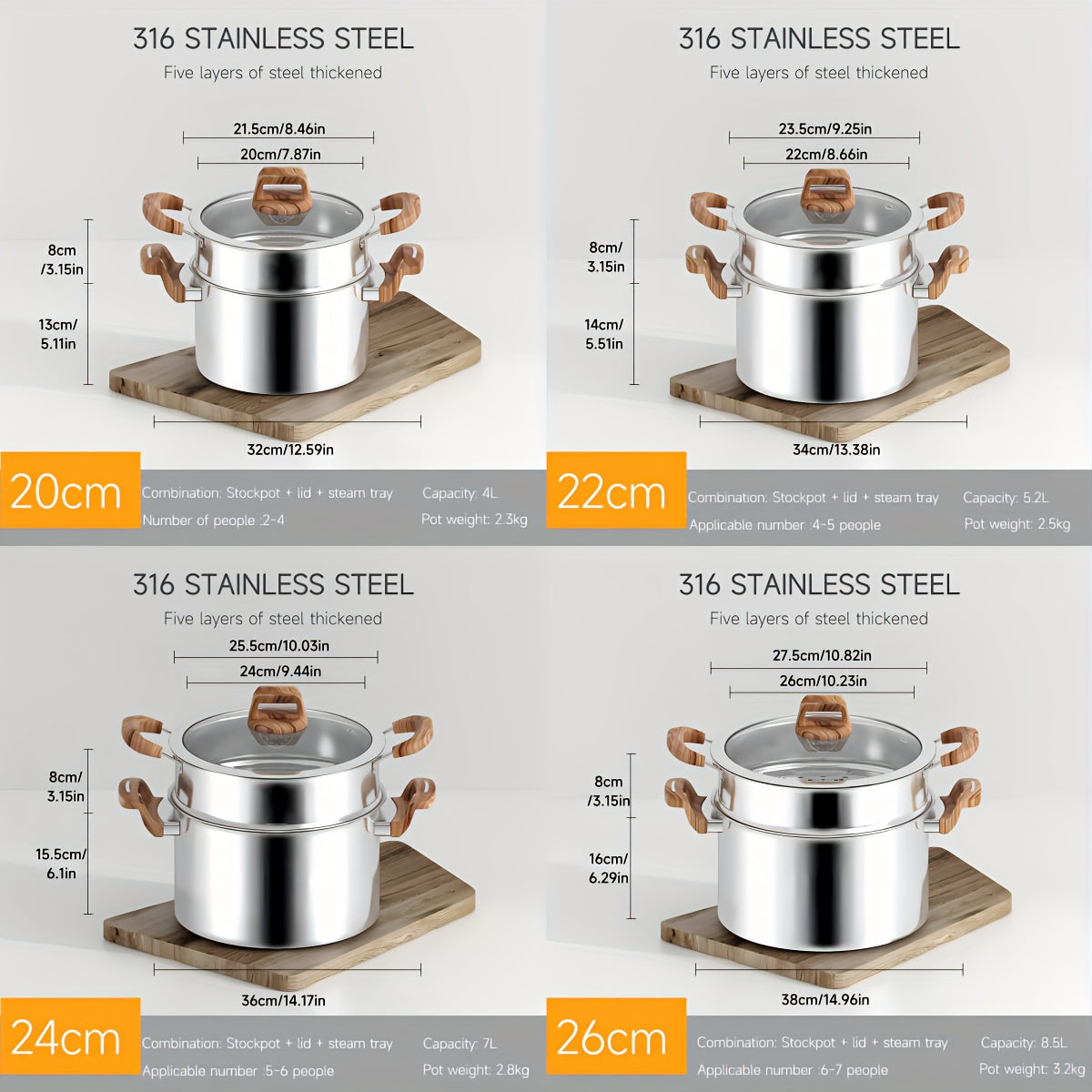 Five-Layer Steel Soup Pot with Steamer Non-Stick Induction Compatible 316 Stainless Steel