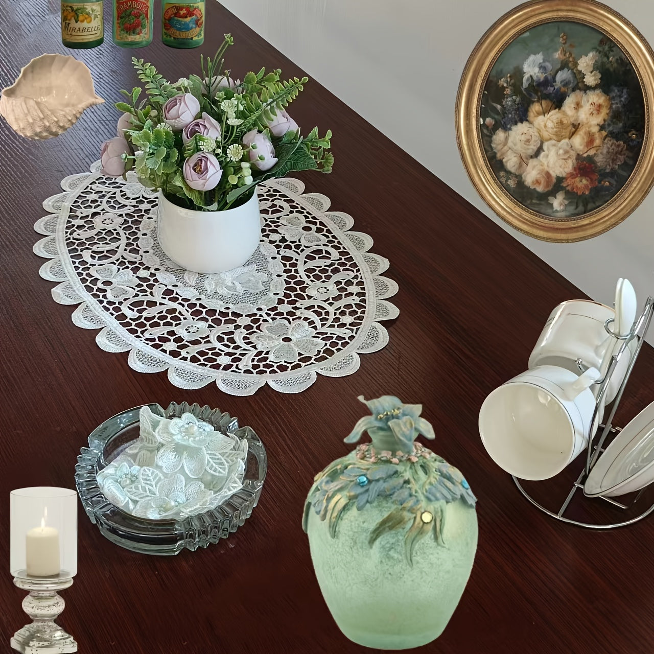 Poliester stol osti matolari oq dantel tikuvlari bilan, nordik uslubidagi stol bezak mato, kofe stoli, uy idishlari yoki plastinka bezaklari uchun, uy bezashni yaxshilash.