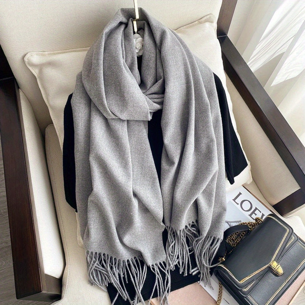 Women Black Tassel Shawl Scarf Thick Plush Wool Feel Double-Sided Cashmere Autumn Winter