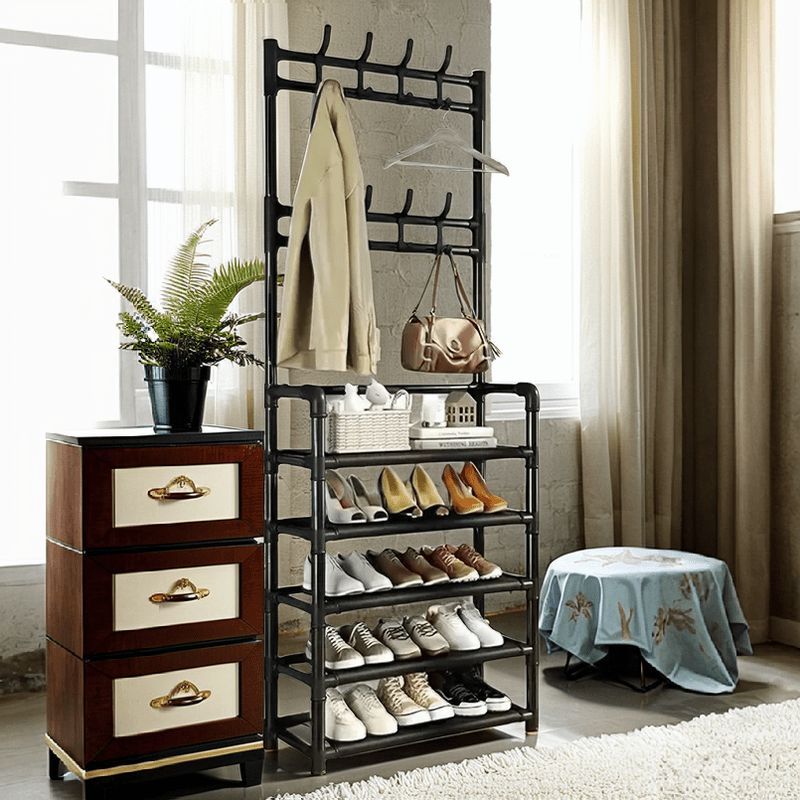 5-Tier Plastic Shoe Rack with 18 Hooks Waterproof Freestanding Organizer