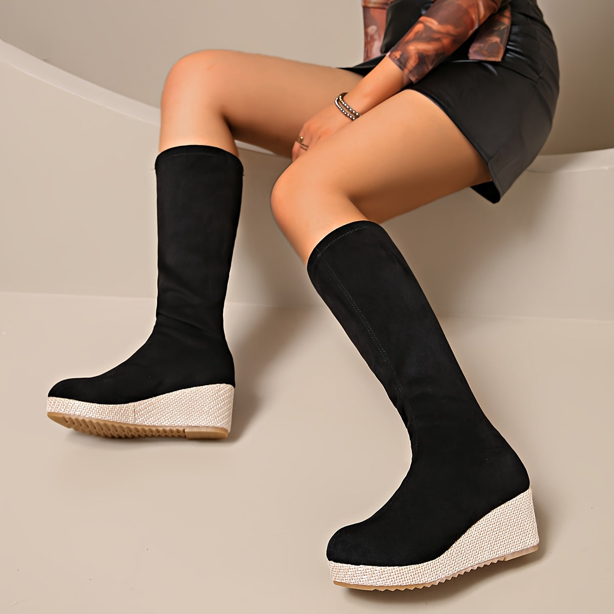 Women's Beige Wedge Heeled Stretch Long Boots Fabric Upper Rubber Outsole