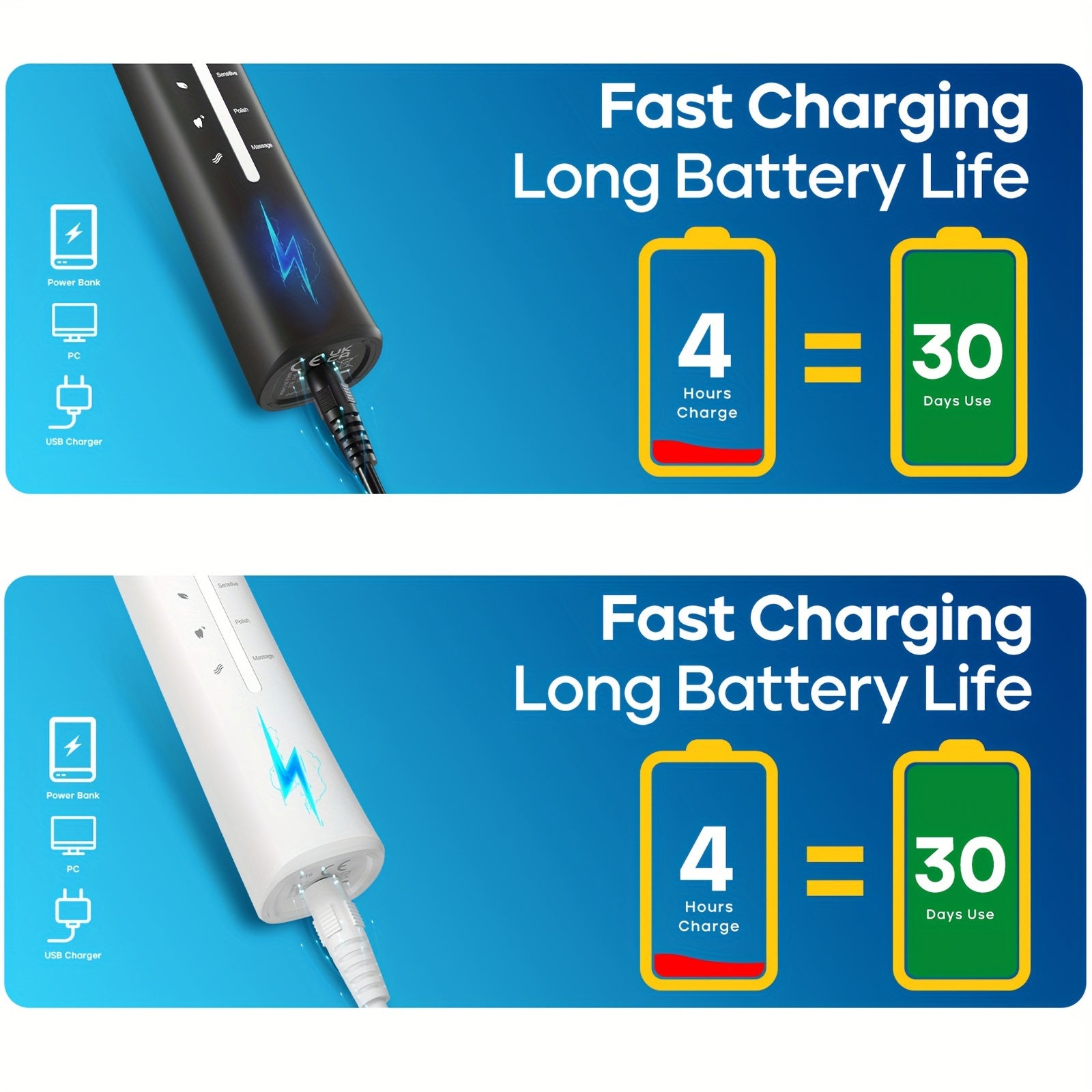 Cepillo de dientes eléctrico para adultos negro y blanco, recargable, 8 cabezales de cepillo