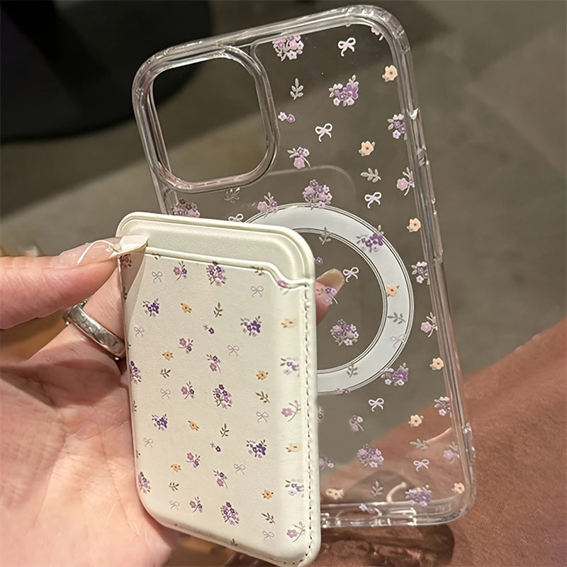 Purple Floral Pattern Magnetic Phone Case with Bow Design and Card Holder in TPU