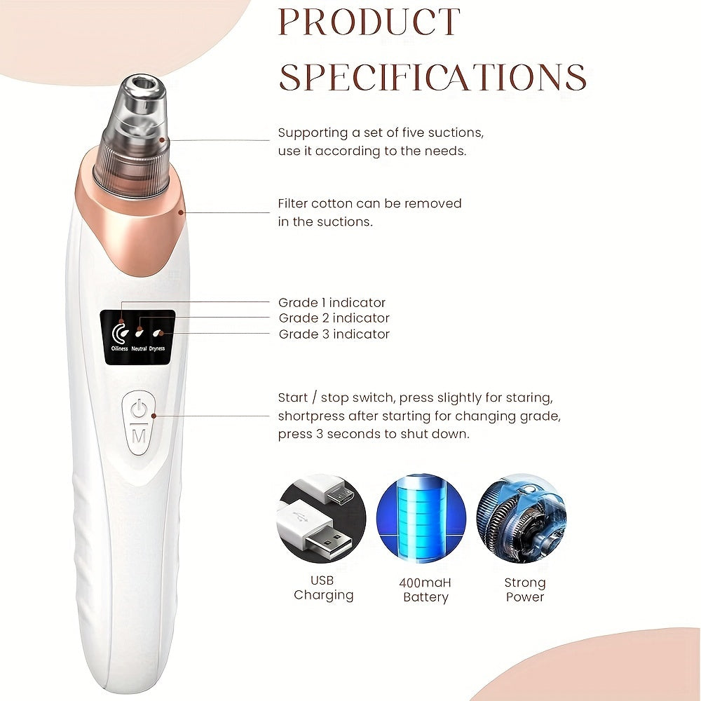 Blackhead Remover Pore Vacuum with 3 Suction Levels and 5 Probes for Women and Men