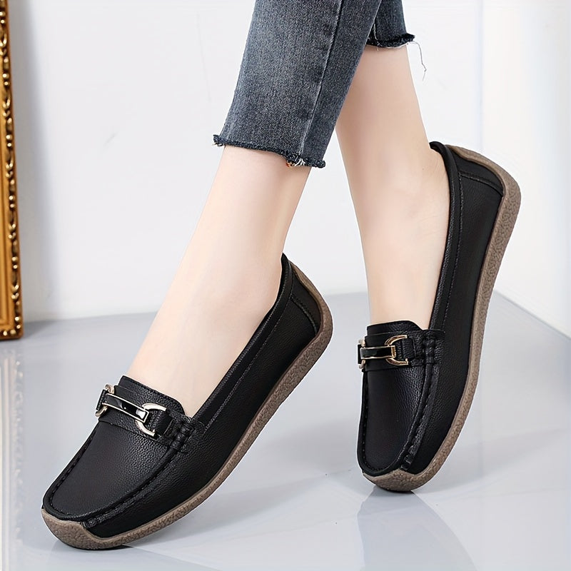 Women's Slip-On Loafers with Metal Decor Faux Leather Casual Flat Shoes