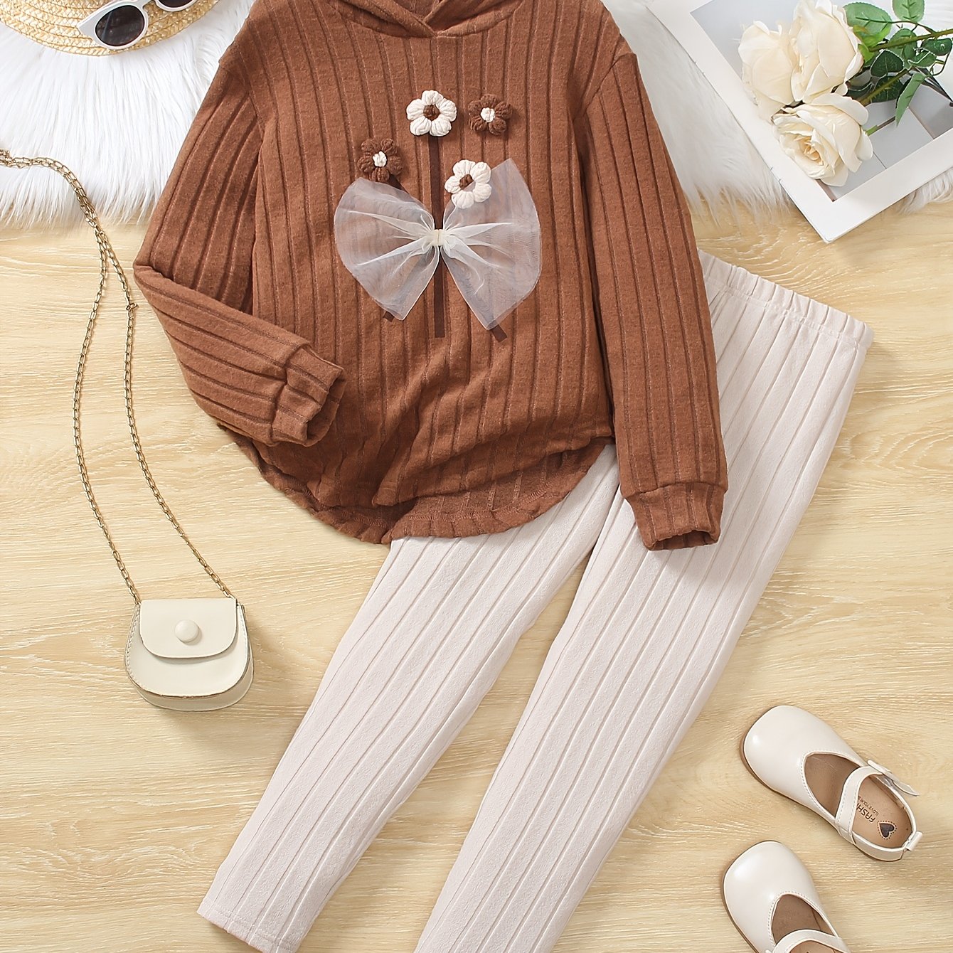 Women's Two-Piece Hooded Outfit with Floral Embroidery for Spring and Fall