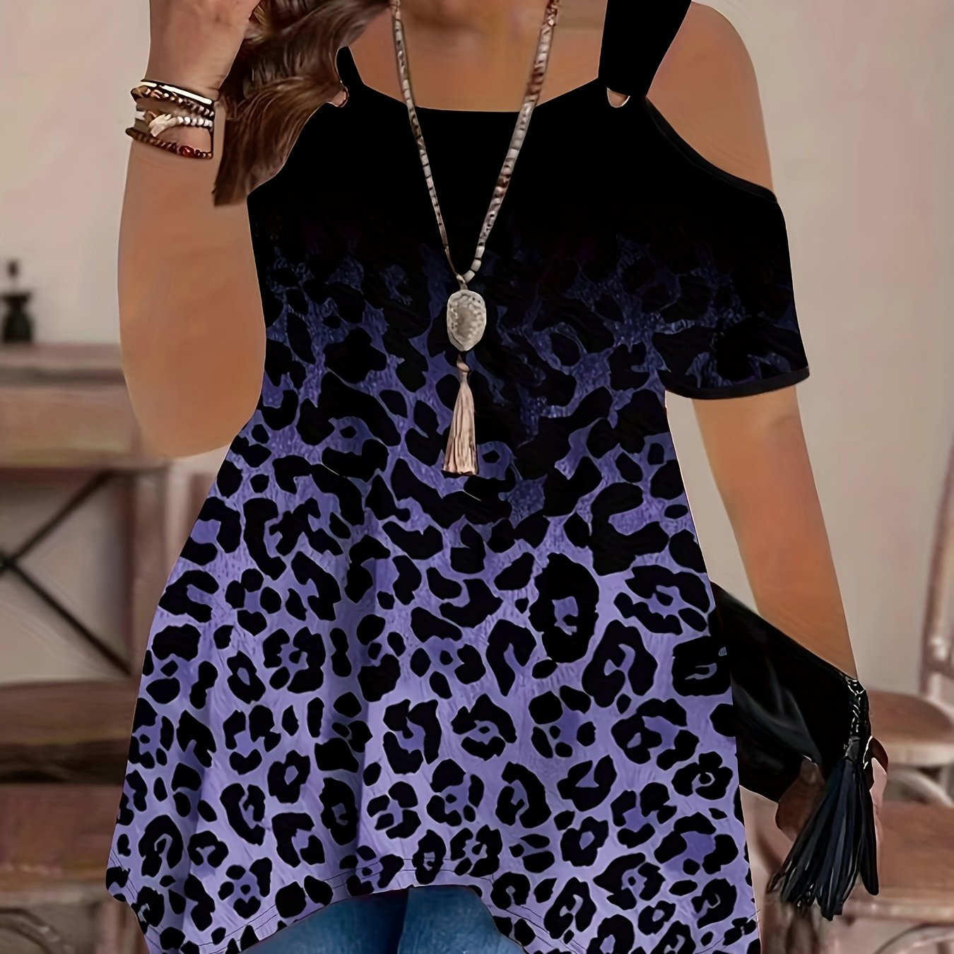 Women’s Off-Shoulder Short Sleeve Top Gradient Purple Black Leopard Print