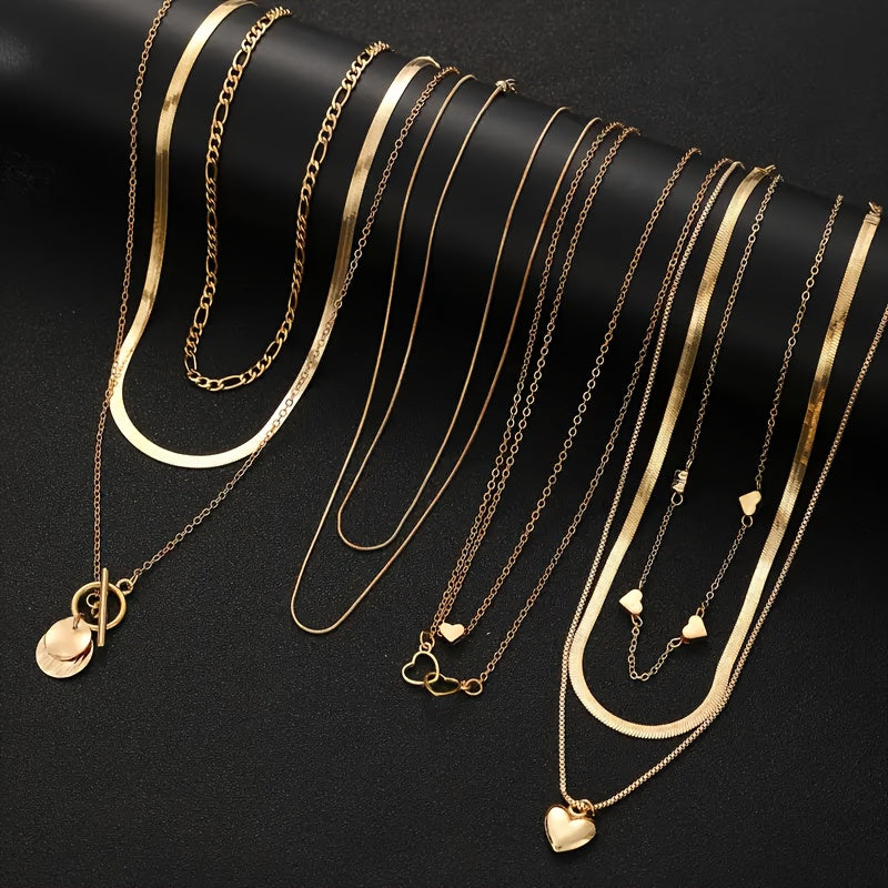 Set of 10 Minimalist Snake Chain Necklaces with Heart Pendants for Women Stylish Layered Jewelry