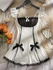 Women's Polyester Slip Dress with Color Block Design and Bow Detail