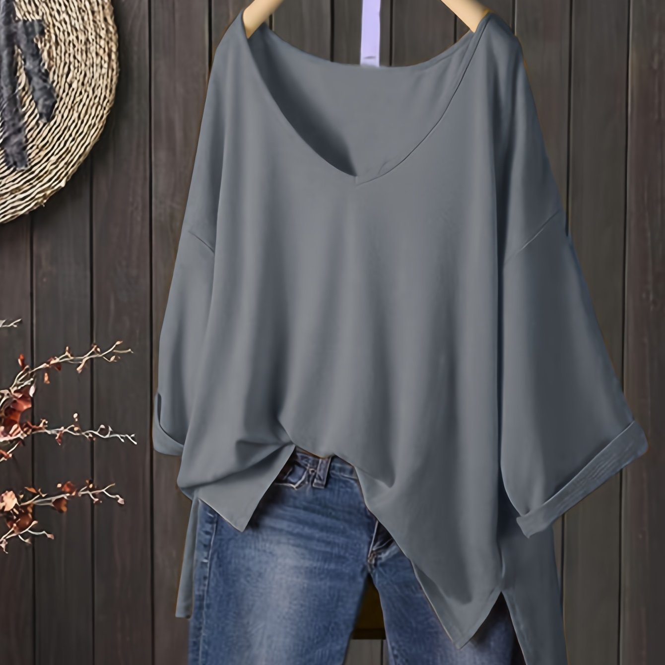 Women's V-Neck Knit T-Shirt Solid Color Polyester Slight Stretch All Seasons