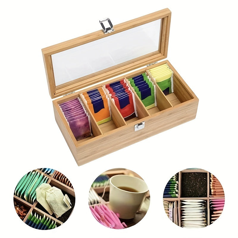 Bamboo Tea Bag Organizer Storage Box with Clear Lid Coffee and Teabag Compartments