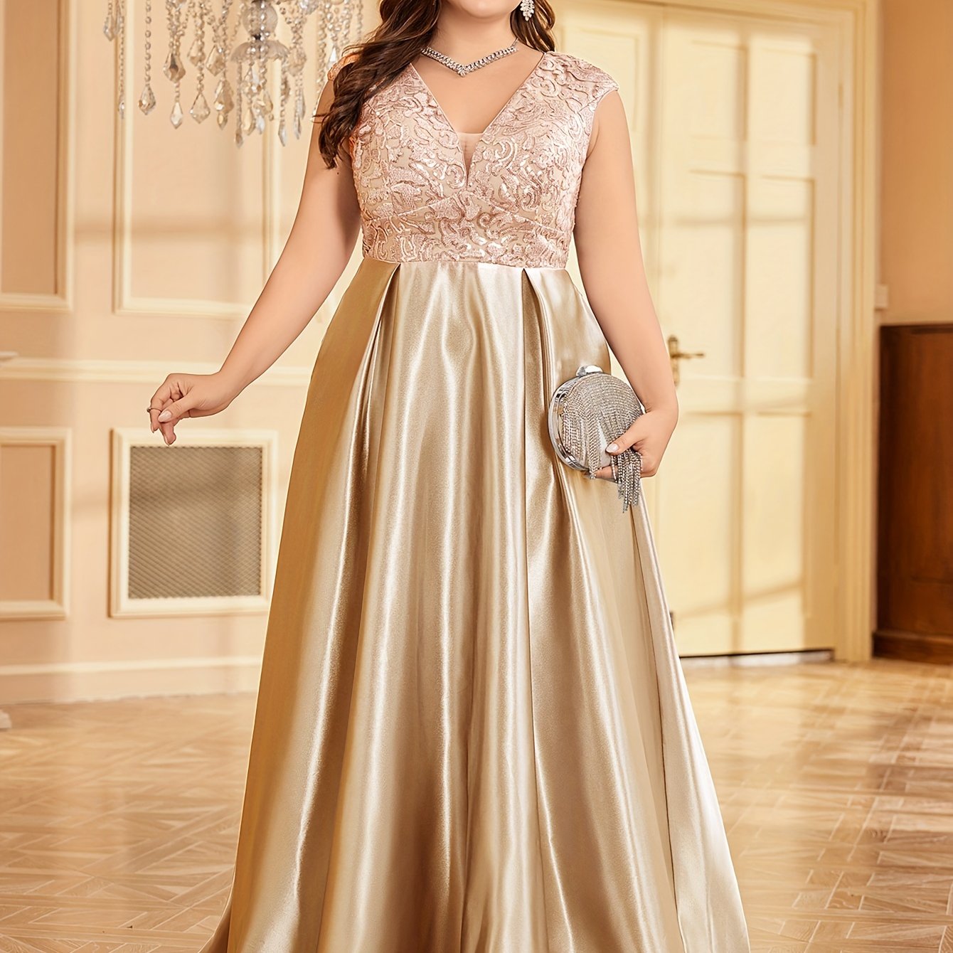 Women’s Sequin Bridesmaid Gown V-Neck Party Dress Plus Size
