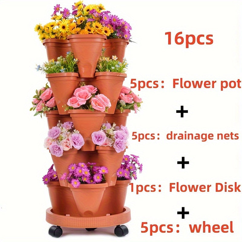 16pcs 5-Layer Stackable Flower Pots with Wheels and Tools for Indoor Outdoor Gardening