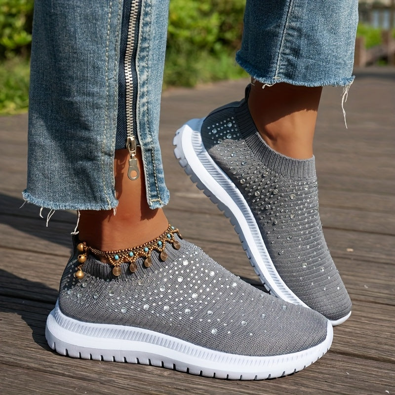 Women's Breathable Slip-On Casual Sneakers with Sparkling Crystal Accents