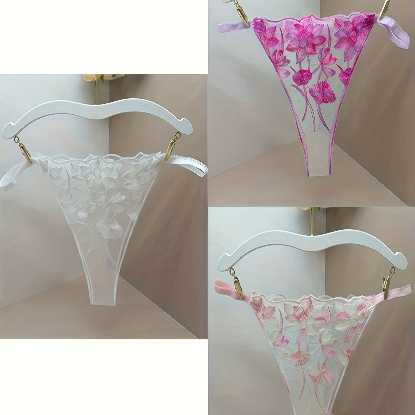 Women's Sheer Mesh Thong Panties with Embroidered Floral Design and Open Crotch