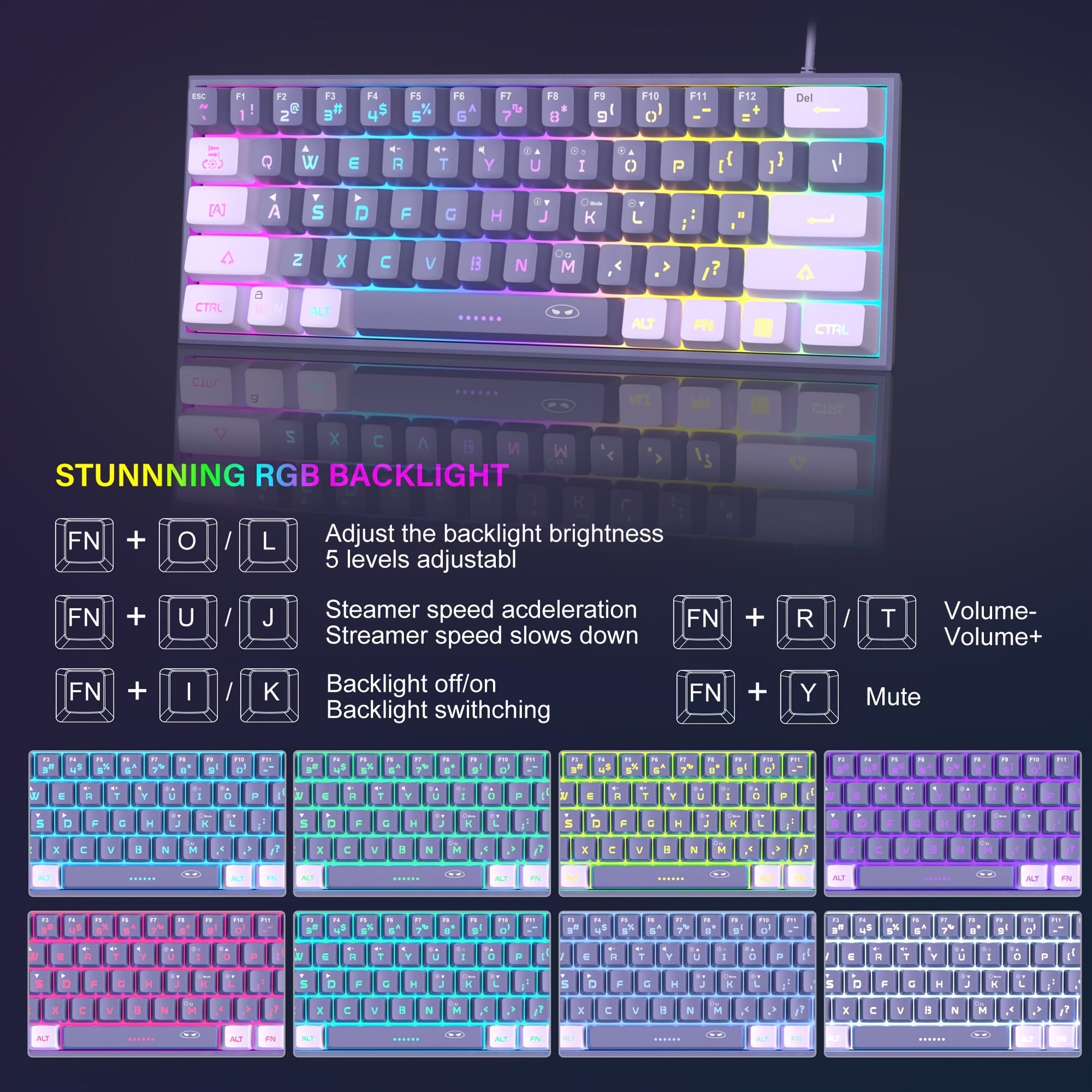 Compact 60% RGB Backlit Gaming Keyboard Violet with PBT Keycaps Ergonomic Design for PC MAC PS4