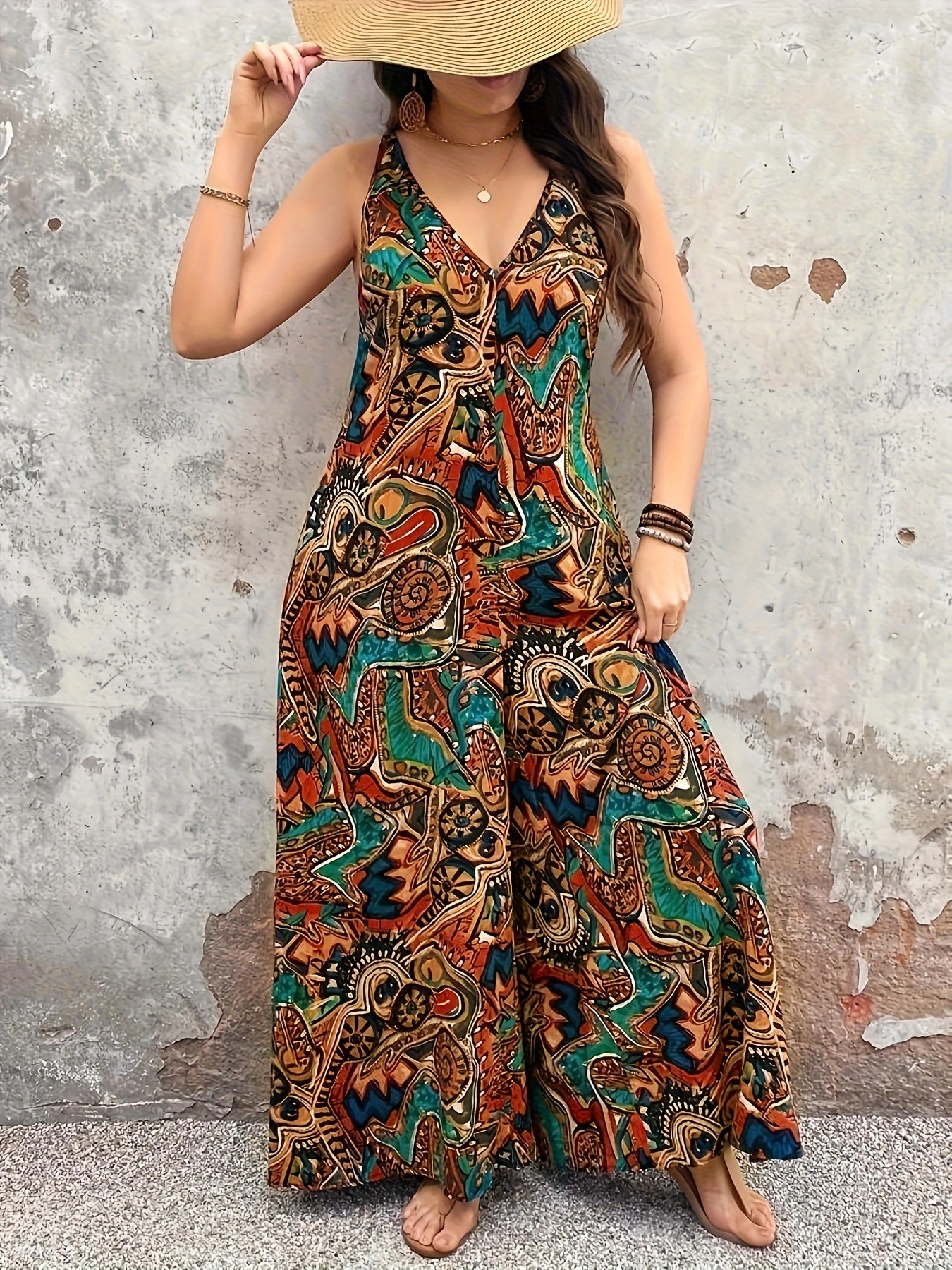 Plus Size Women's Linen V-Neck Sleeveless Jumpsuit with Floral Print