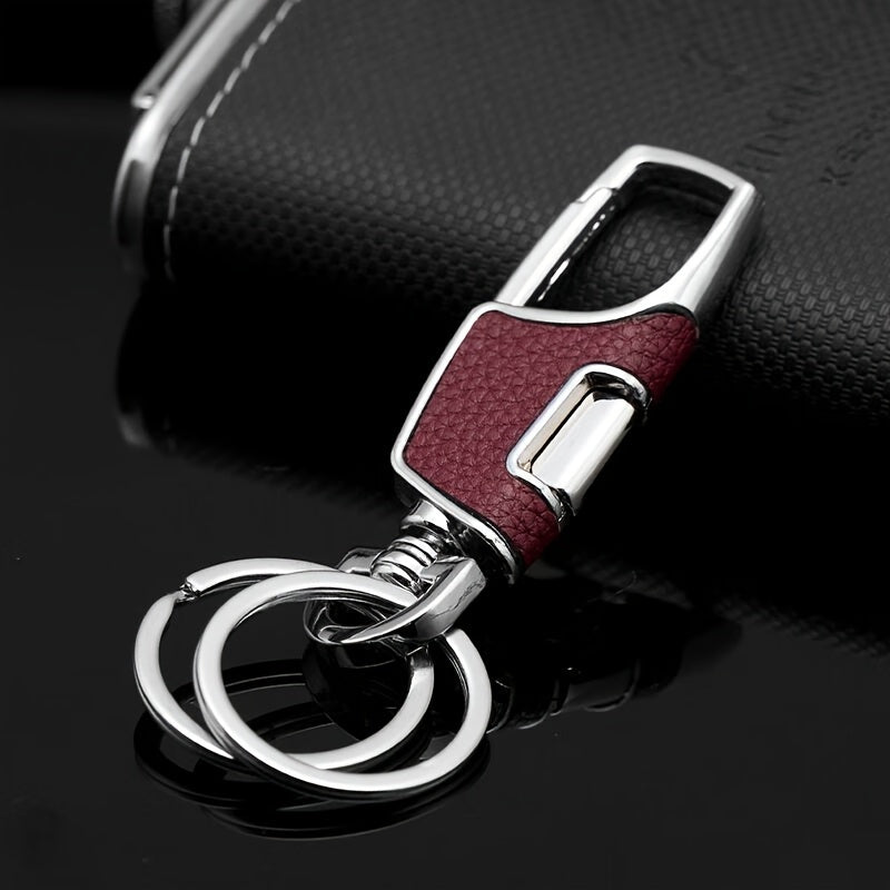 Men Metal Car Keychain with One-Touch Opening and Leather Key Ring