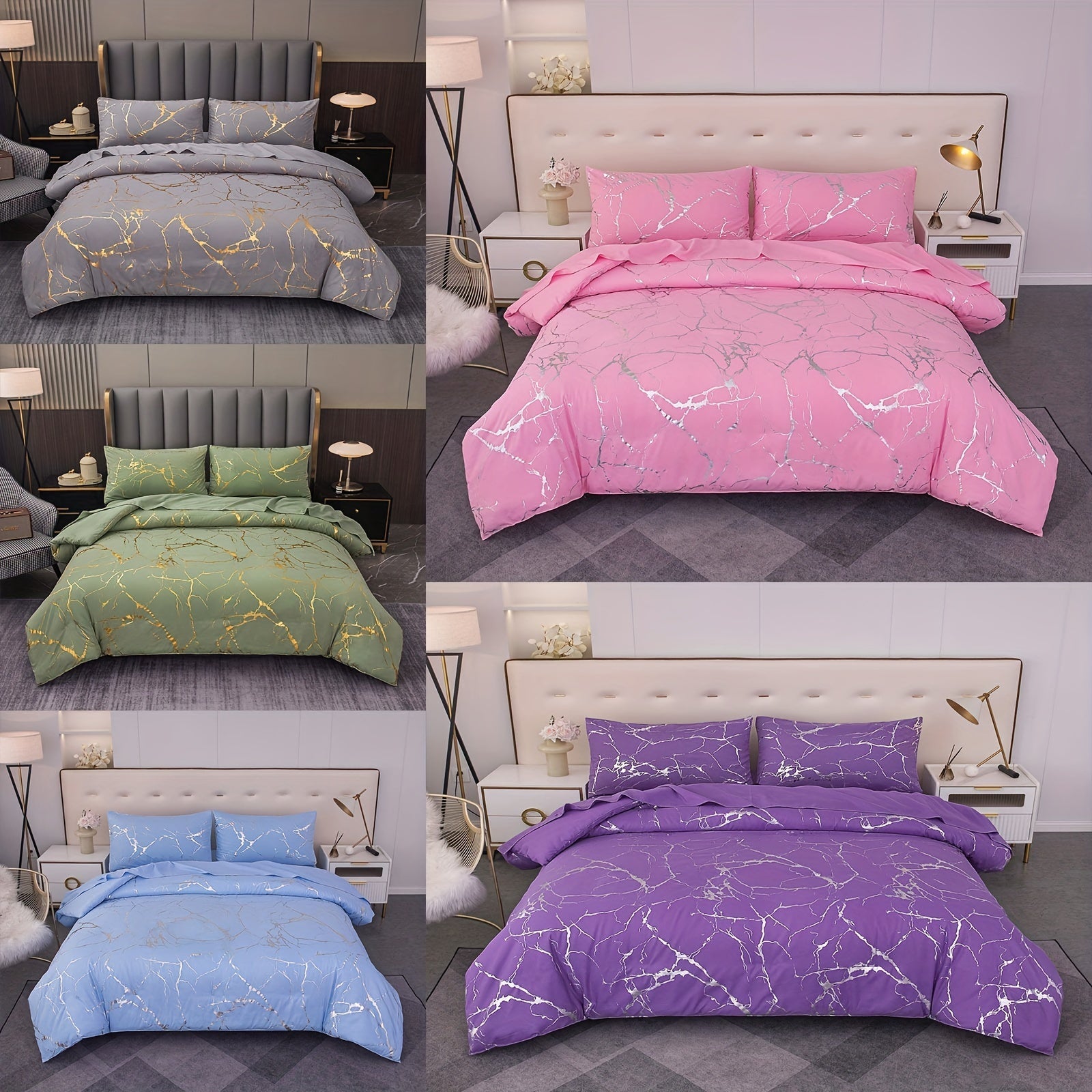 Elegant Marble Pattern Bedding Set in Pink Gray Green Blue Purple Washable Ultra-fine Fiber Duvet Cover 2-3 Piece