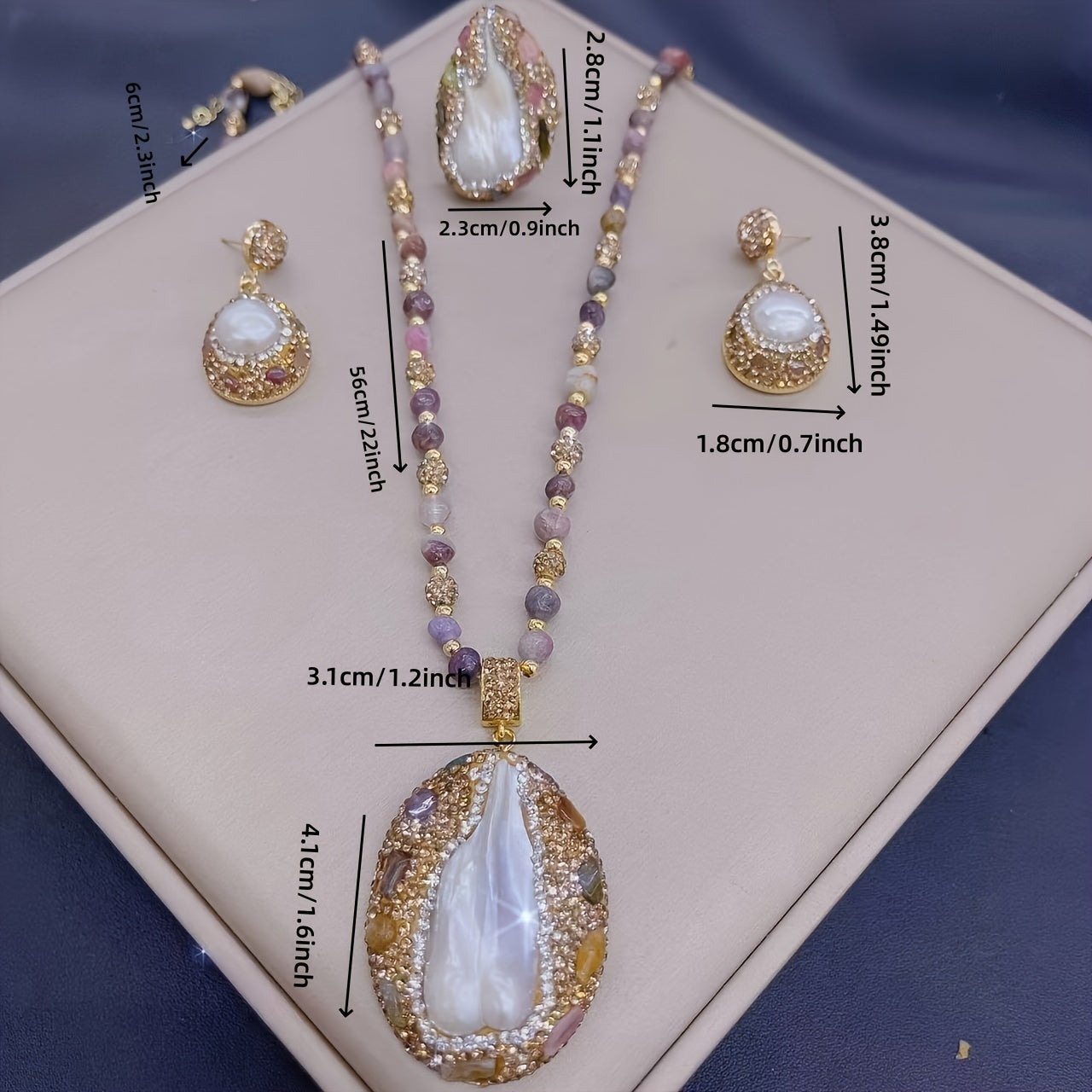Vintage Bohemian Jewelry Set for Women 3-Piece Pearl and Tourmaline with 14K Gold Plating