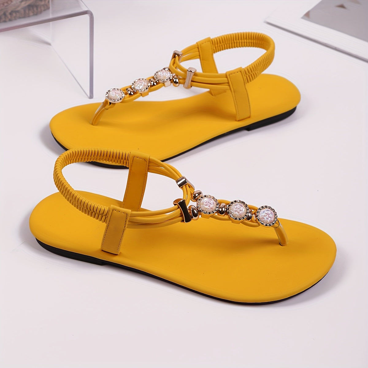 Women's Flat Sandals Rhinestone Embellishments Strappy Back Split Toe