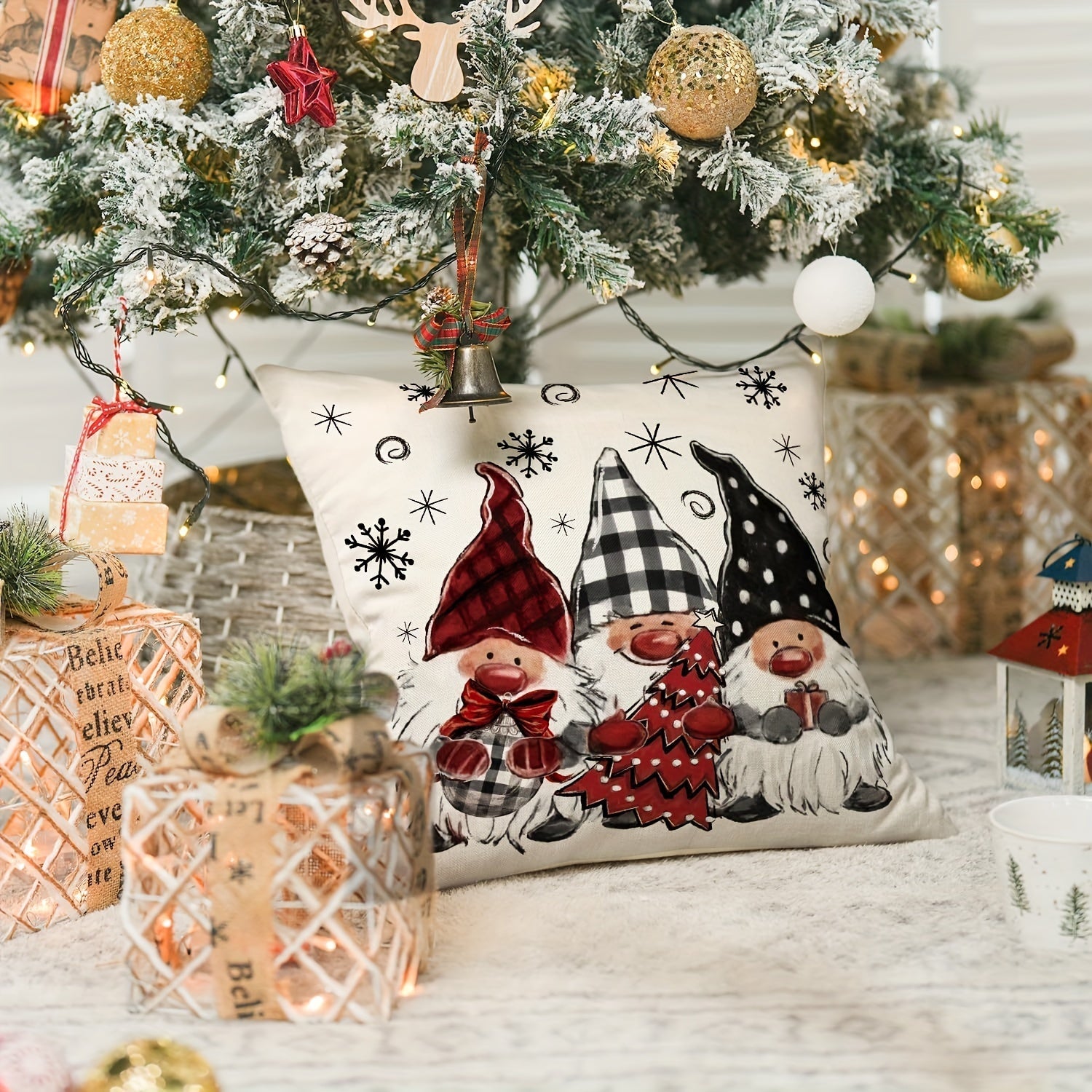 Linen Christmas Gnome Pillowcase with Zipper Closure Single-Sided Print Machine Washable Sofa Bedroom Decor Multiple Sizes