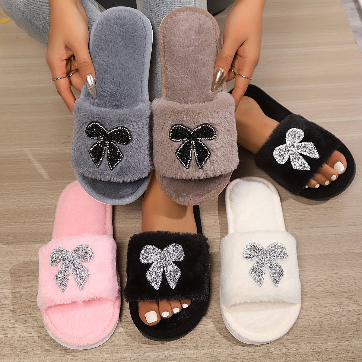 Women's Fuzzy Slip-On Slippers Cozy Indoor House Shoes Soft Fabric EVA Sole