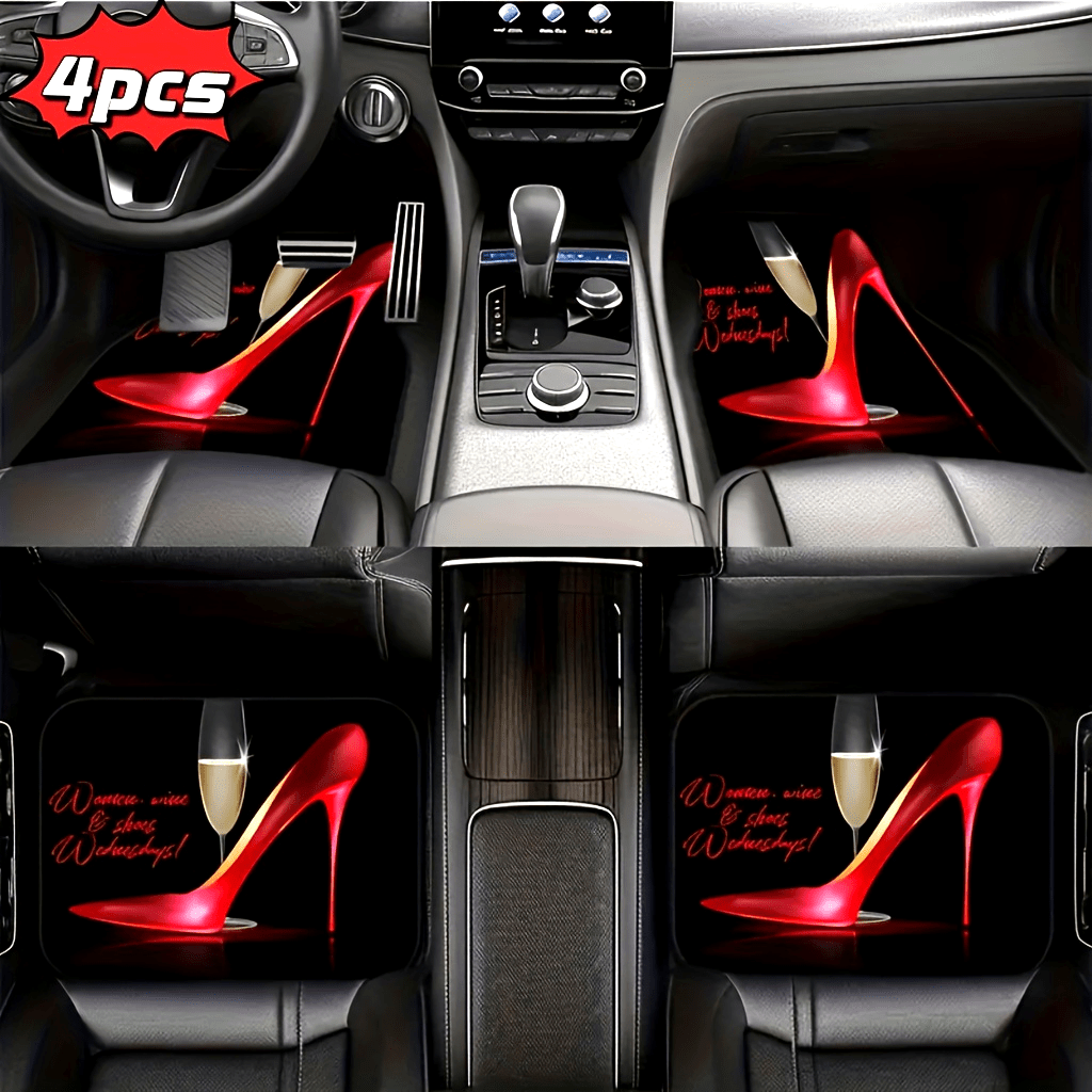 Red High-Heel Patterned Car Floor Mats Waterproof Non-Slip Durable 4 Pcs