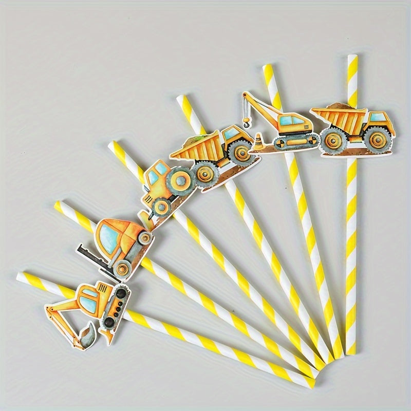 Set of 6 Construction Paper Straws Yellow Striped Engineer Vehicles Party Supplies