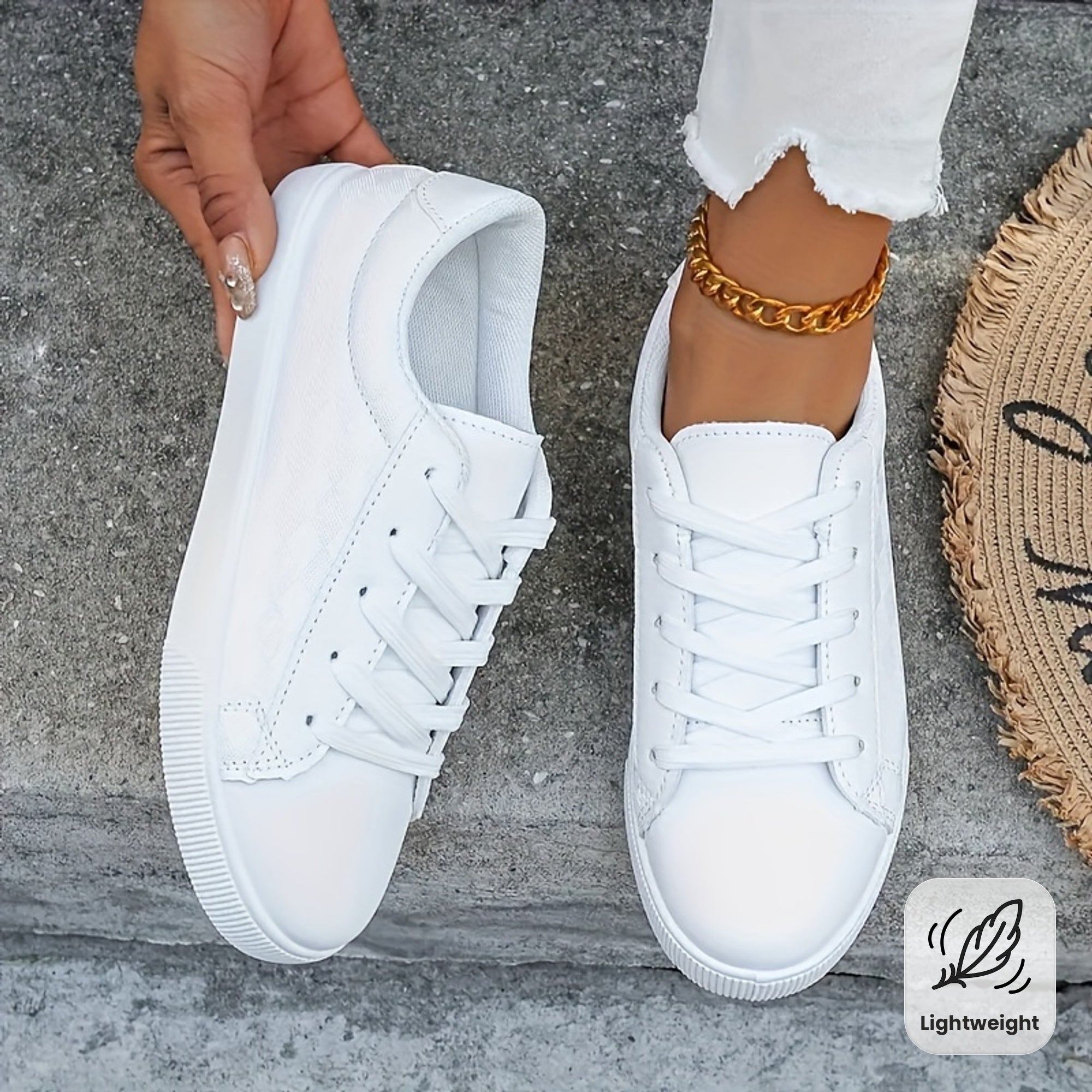 Women's White Grid Pattern Sneakers Lightweight Breathable Casual Shoes
