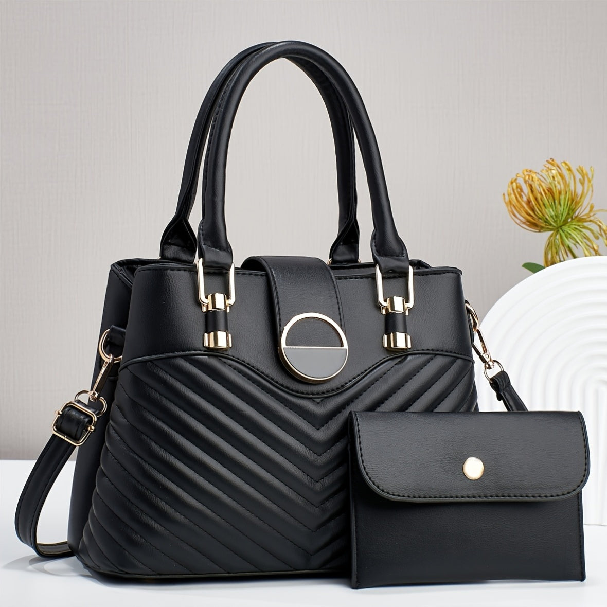 Women's Black PU Handbag Set with Tote and Shoulder Bag for Valentine's Day