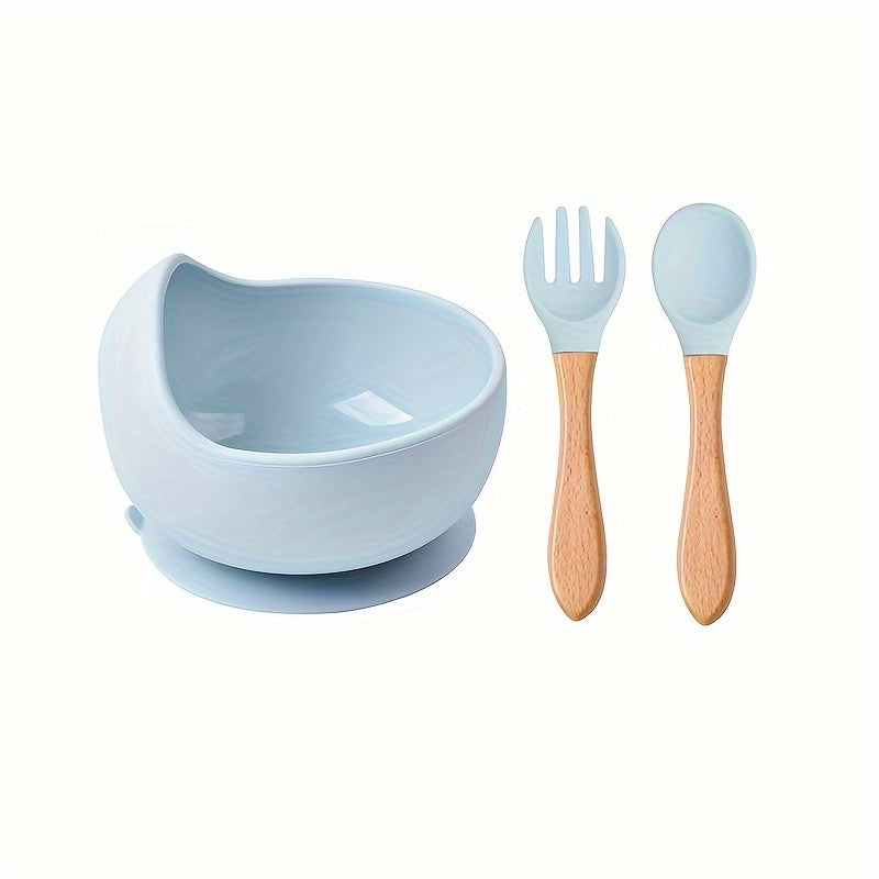 Baby Feeding Set Silicone Bowl Fork Spoon Non-Slip Microwave Safe Wooden Handle 3 Pieces