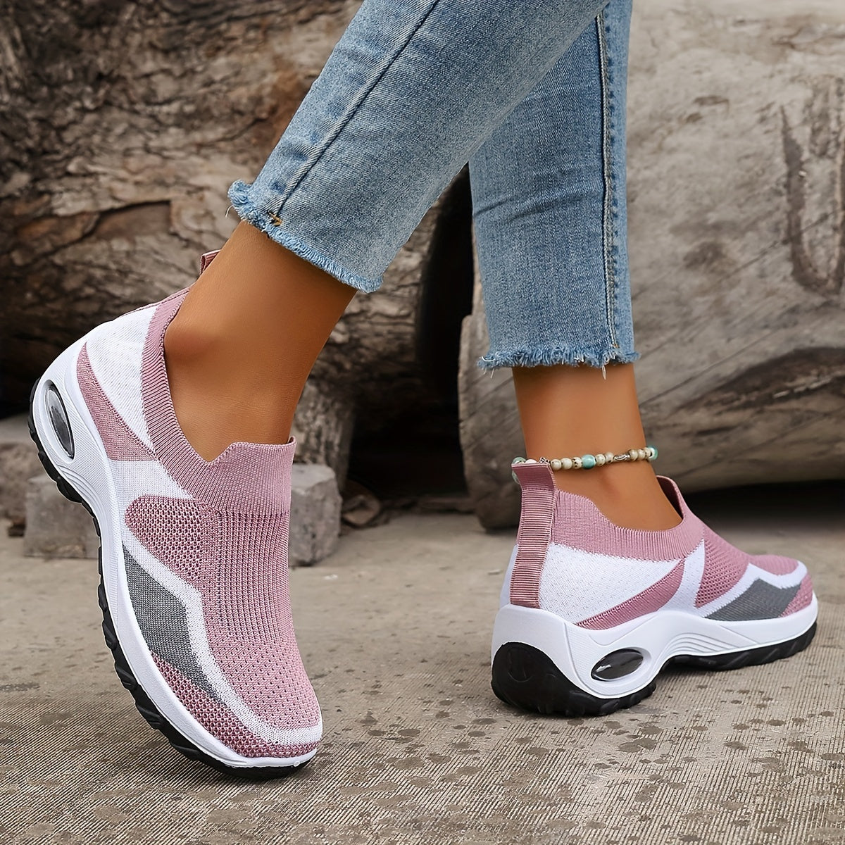 Ayollar uchun nafas oladigan to'qilgan chunky sneakers, kundalik slip-on sport poyafzallari