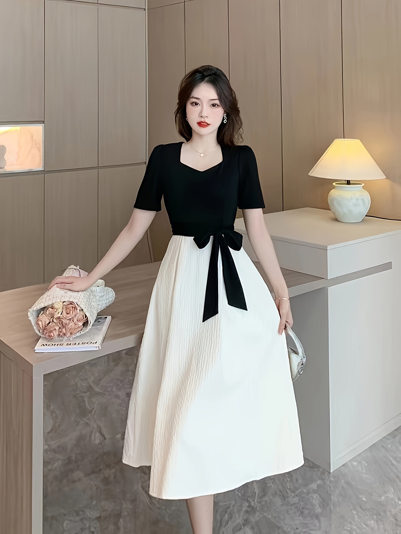 Women's A-Line Dress with High Waist Bow Short Sleeve Solid Color Spring Summer