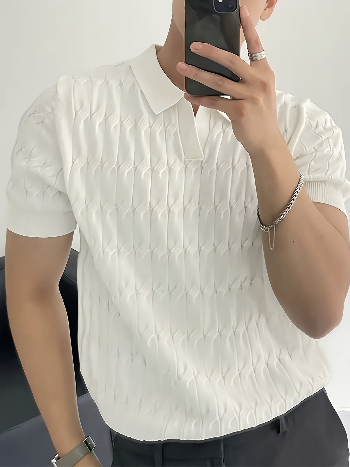 Мужской вязаный гольф-свитер с коротким рукавом, геометрический принт, весна, осень, повседневный