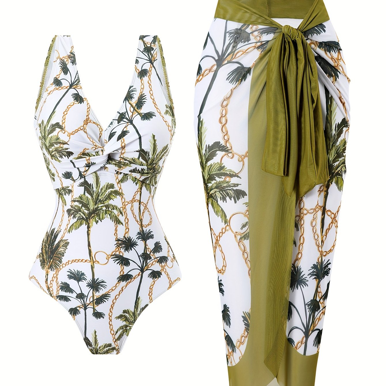 Tropical Palm Print Two-Piece Swimsuit Set with V-Neck Top and Sheer Sarong
